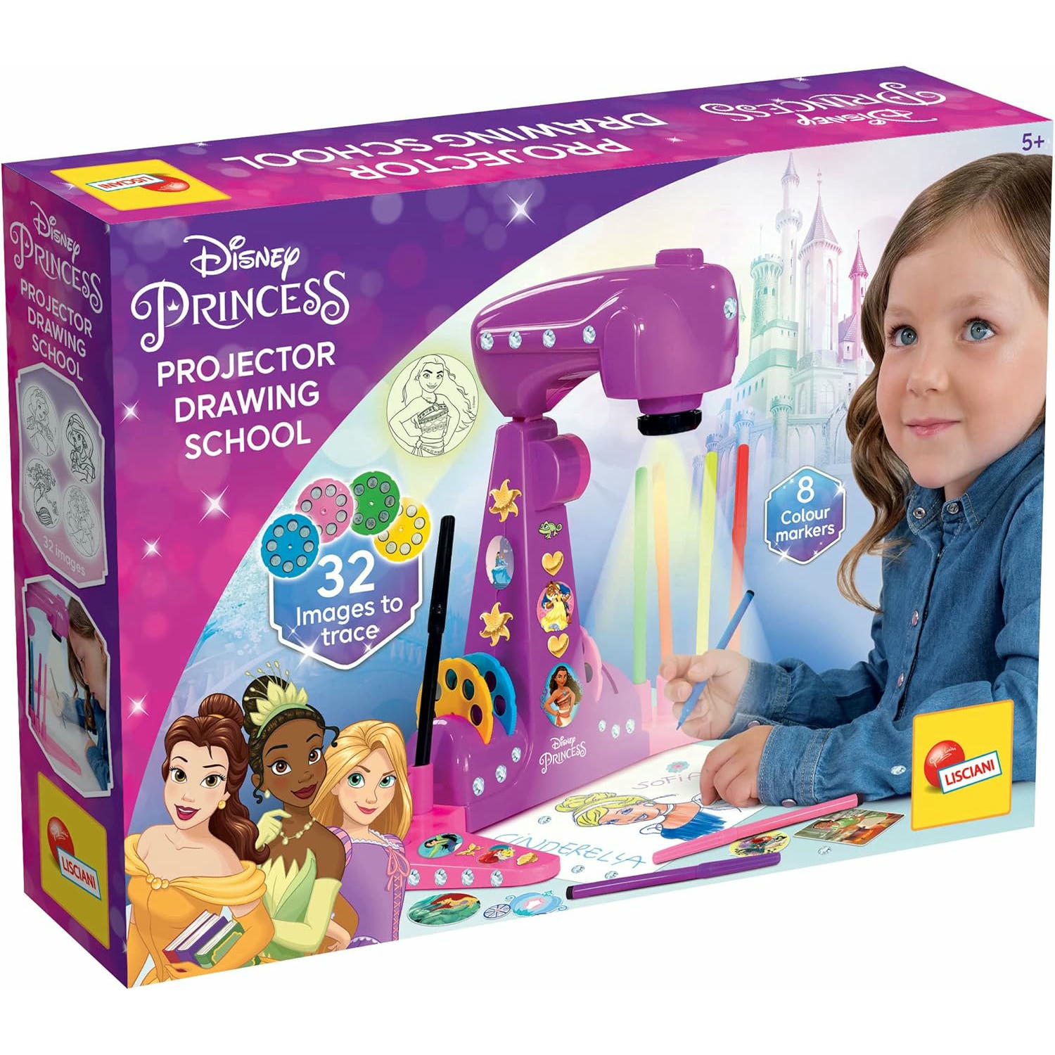 Lisciani Giochi - Escuela de dibujo con proyector de PRINCESAS DISNEY - Para niños a partir de 3 años - Aprende a dibujar con modelos proyectados - Incluye modelos, papel y lápices - Juego creativo