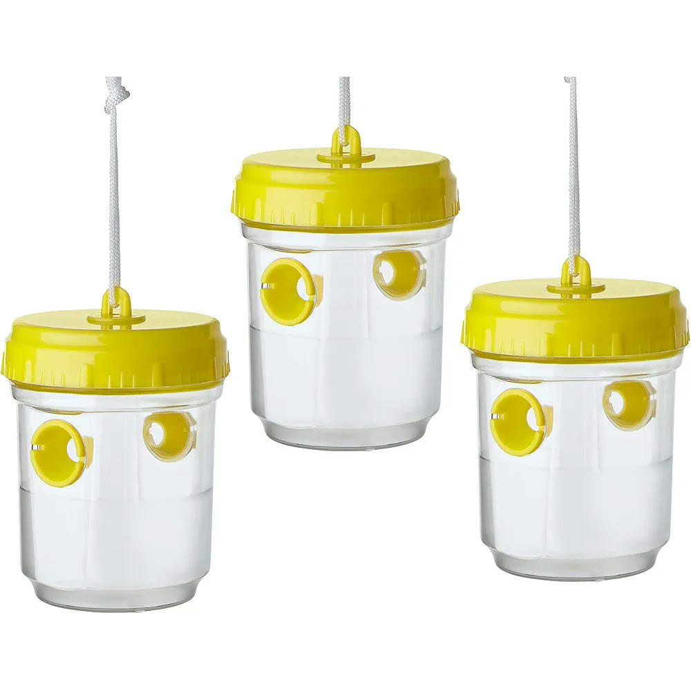 Juego de 3 trampas para avispas, trampa de plástico reciclable, adecuada para jardín, 9 cm de diámetro, 13 cm de altura, incluye cuerda para colgar