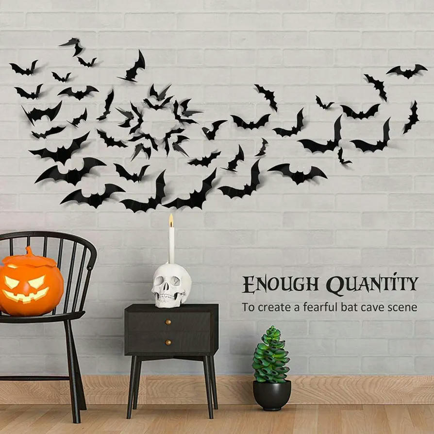 Decoración de Murciélagos 3D para Halloween en 4 Tamaños - Pack de 48 Piezas, Color Negro