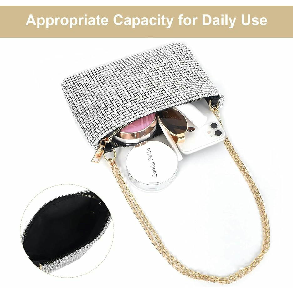 Bossa de Mà Brillant per Dona, Clutch de Nit en Plata, Bossa d'Espatlla i de Cadena, Ideal per Bodes i Esdeveniments, Disseny Modern