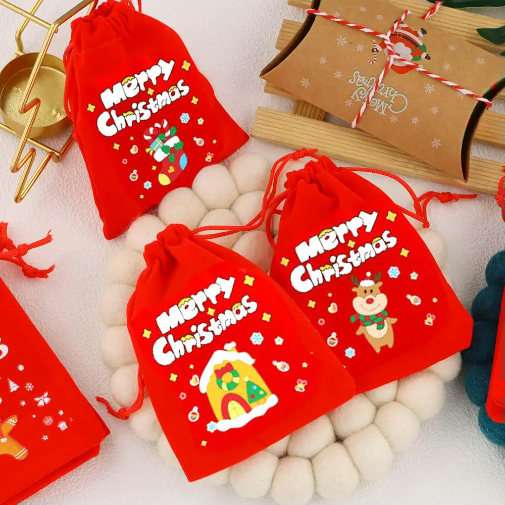 Pack de 12 bolsas de terciopelo rojo para regalos de Navidad, reutilizables, con cordón, ideales para dulces y pequeños obsequios, 12x9 cm (Color Rojo)