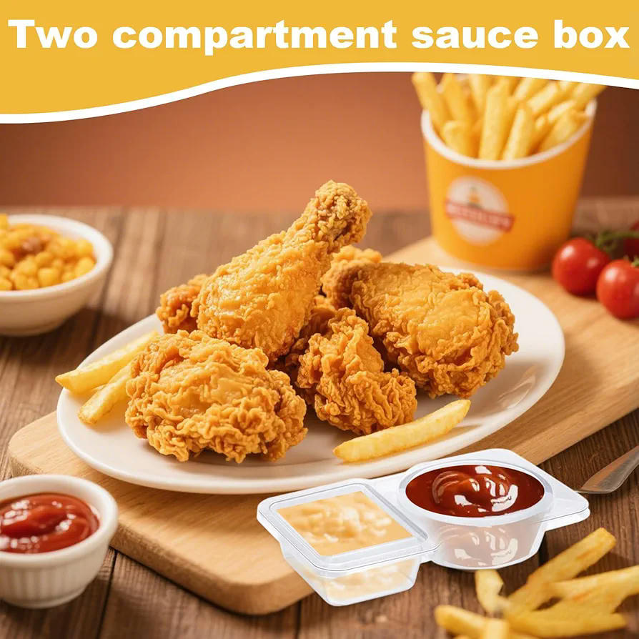 Vasos de plástico para salsa, pack de 30 unidades, doble compartimento de 130 ml, recipientes reutilizables para salsas, sopas y cremas (transparente)