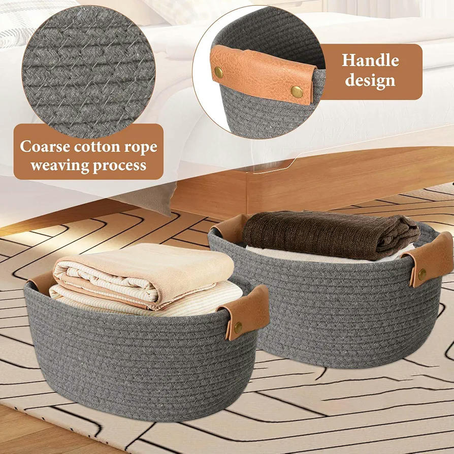 2 Piezas Cestas Organizadoras de Cuerda de Algodón Tejida con Asa de Cuero para Almacenamiento en el Hogar, para ropa, juguetes, decoración (Gris)