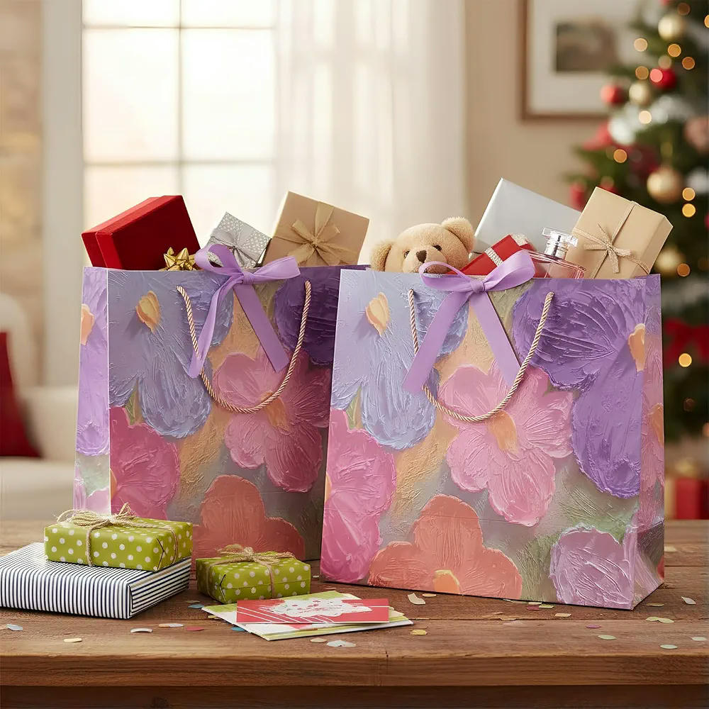 Set de 3 Bolsas de Regalo de Papel con Estampado Floral y Tarjetas de Felicitación para Ocasiones Especiales, 25 x 22 cm (Lila)