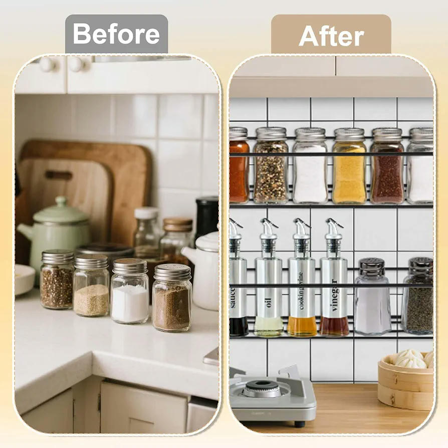 Especiero de Pared Metálico, Organizador de Especias para Cocina y Baño, Set de 4 Piezas, Instalación Sin Taladro, Almacenamiento Eficiente de Condimentos (Negro)