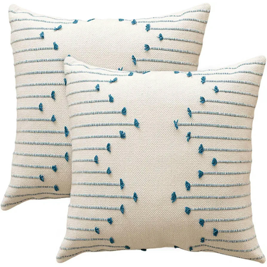 Juego de 2 Fundas de Almohada Decorativas Bordadas 45 x 45 cm en Blanco y Azul