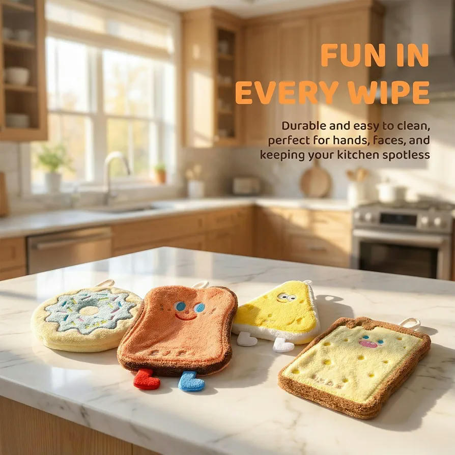 4 toallas de mano para niños, absorbentes de microfibra con gancho colgante para cocinas y baños, Multicolor