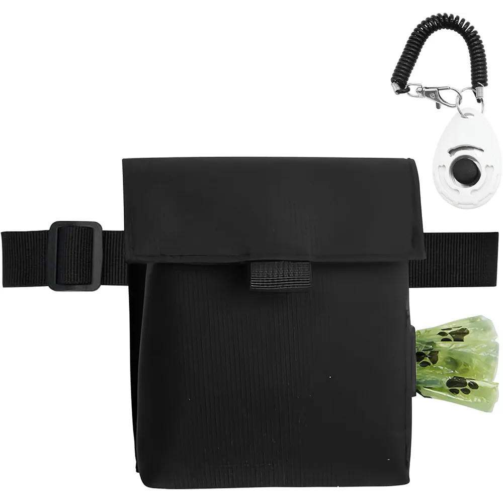 Bolsa de premios para perros, modelo multifuncional con clicker de entrenamiento, tela Oxford, color negro, con cinturón ajustable, ideal para paseos y entrenamiento