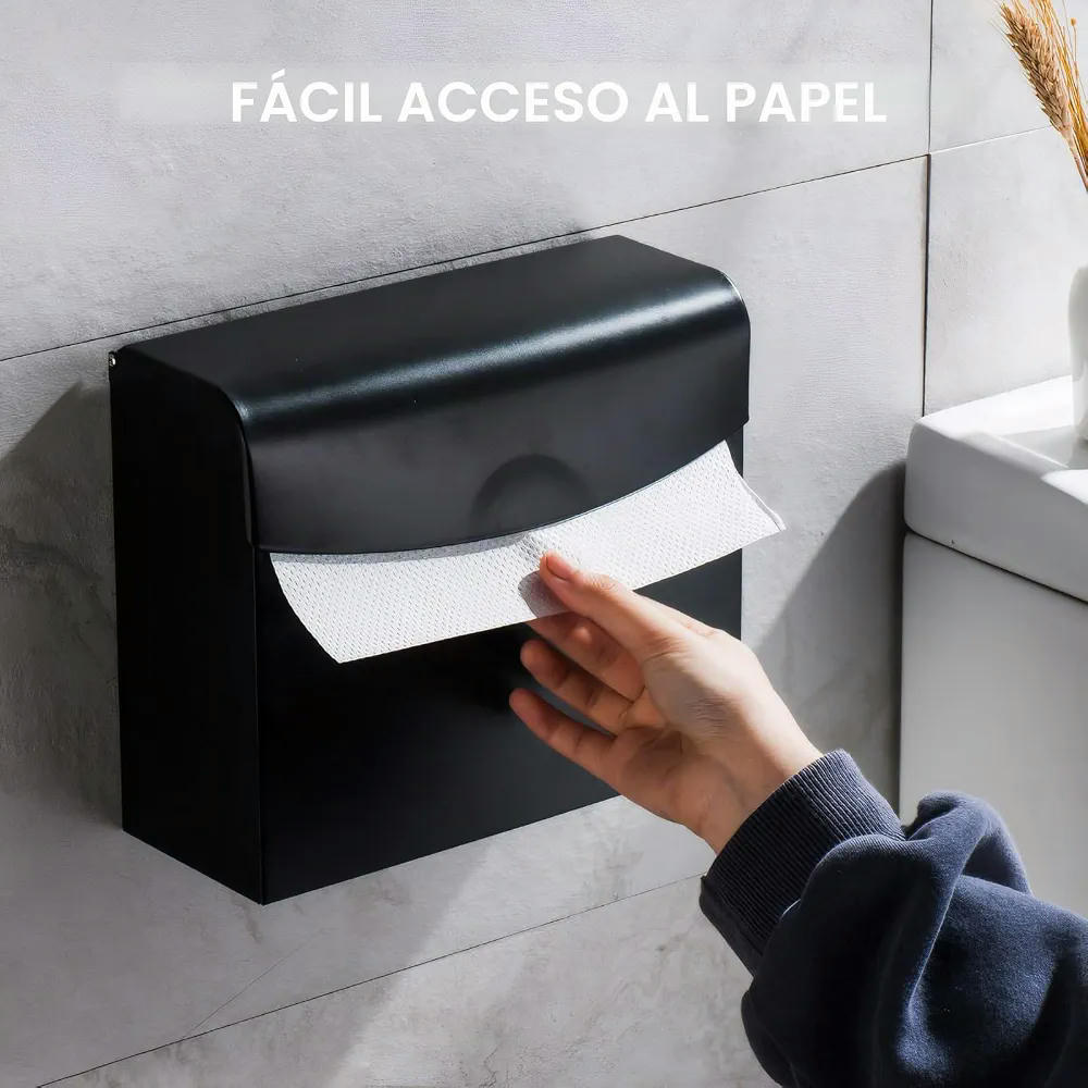 Porta Rollos de Papel Higiénico Negro con Soporte de Acero Inoxidable y Ganchos Adhesivos, 24 cm
