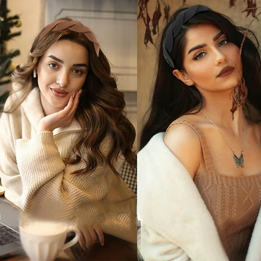 Juego de 3 diademas sólidas para mujeres y niñas, trenzadas anchas, diademas de tela con dientes, accesorios antideslizantes de 3 cm, 3 colores (Marron, Blanco, Negro)