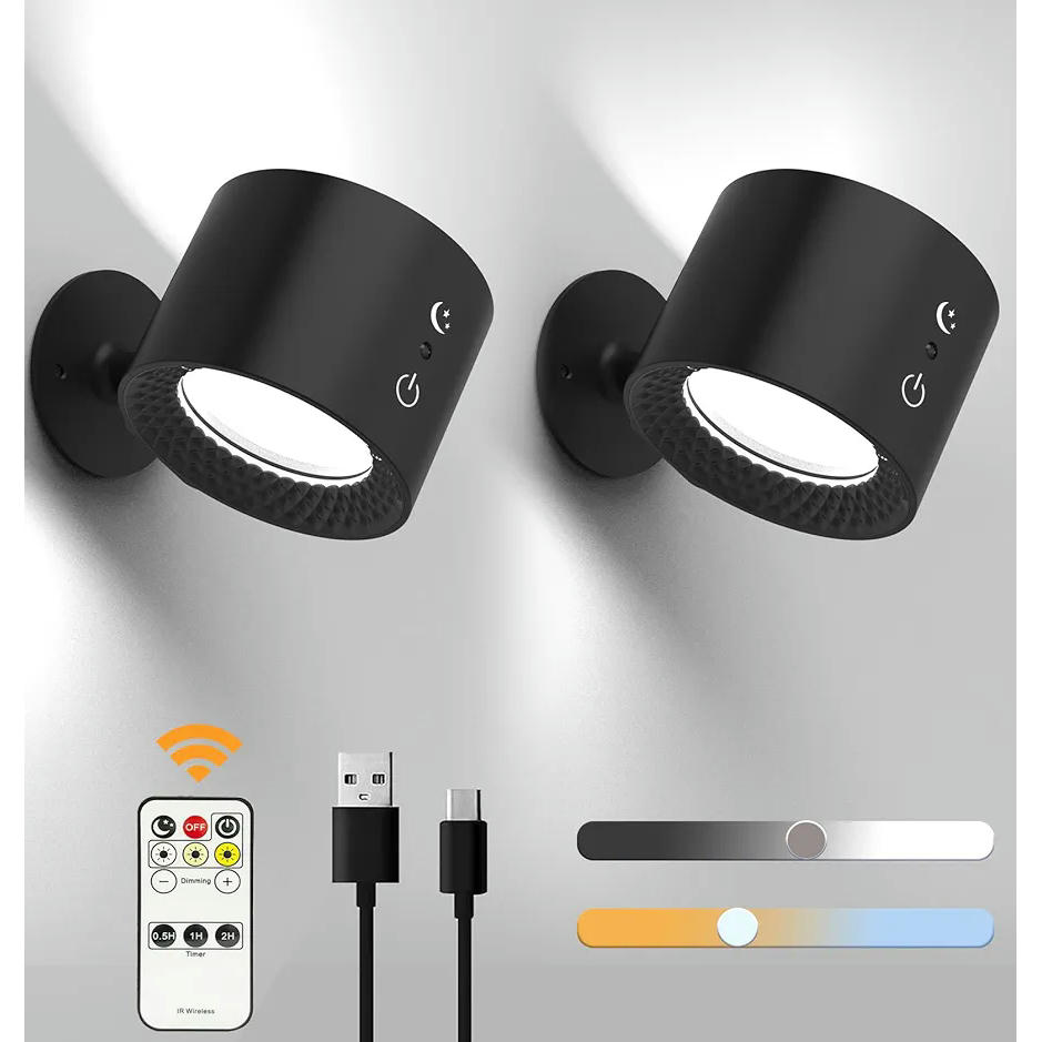Paquete de 2 Lámparas de pared LED recargables, luces magnéticas, modelo multifuncional con 3 niveles de brillo y 3 colores, 360 grados giratorio, ideal para interiores