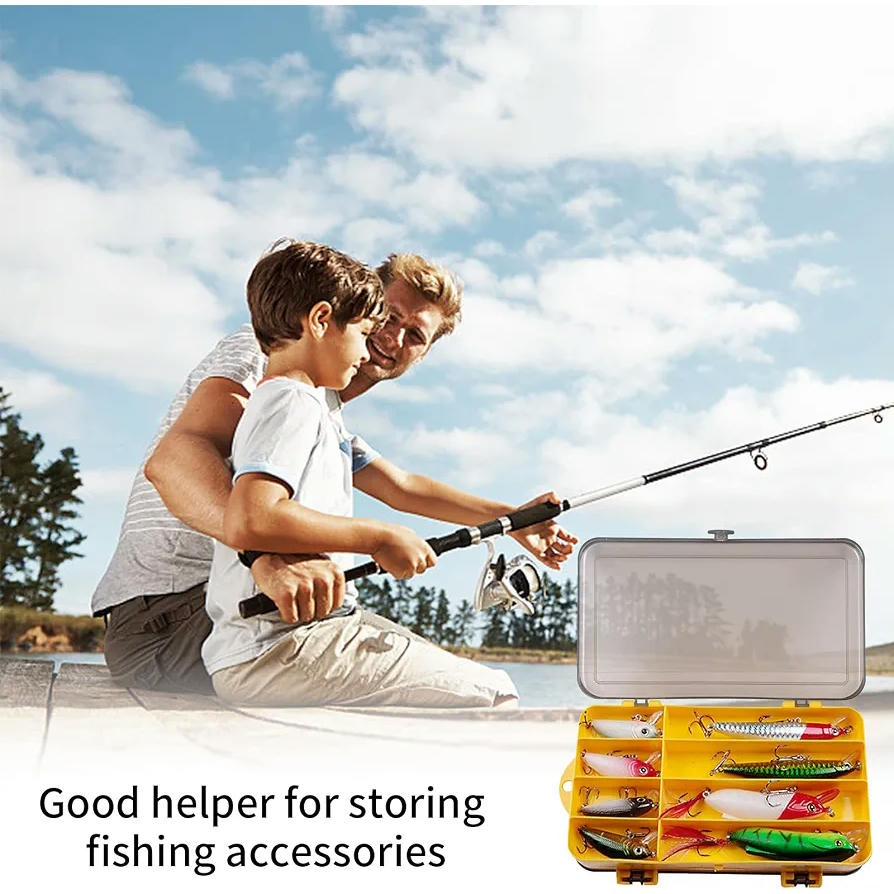Caja de Almacenamiento de Aparejos de Pesca, Doble Compartimento de Plástico Transparente para Cebos y Accesorios (Amarillo)