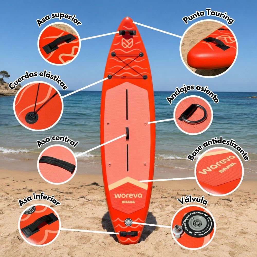 WOREVA BRAVA - Kit Paddle Surf Inflable 335cm | Tabla SUP Touring, Estable 3 quillas, Portable 3 asas, Ancho 84cm (hasta 160kg) | Pack con remo, inflador, mochila y más