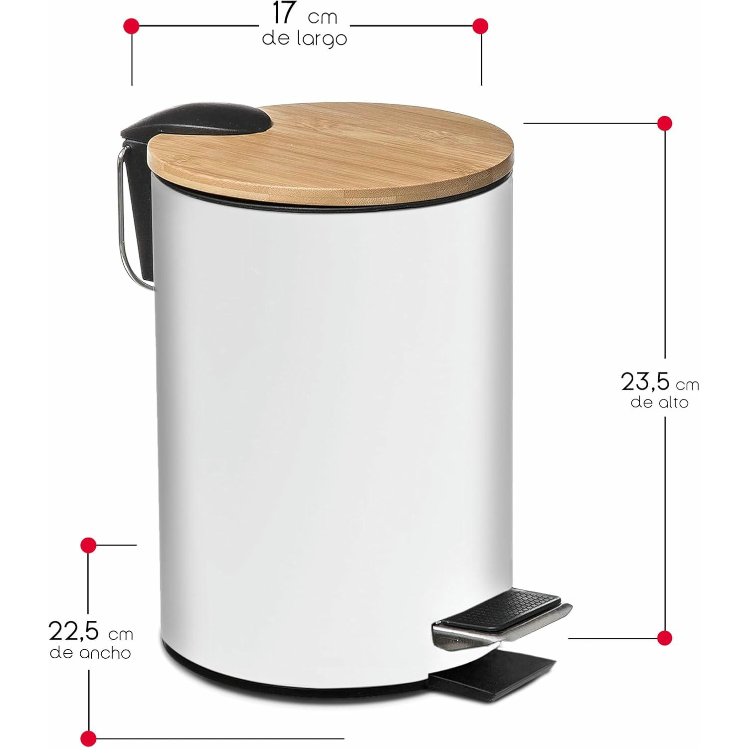 TIENDA EURASIA - Papelera de Metal con Tapa de Bambu, 3L, 17x22,5x23,5 cm, Cubo de Basura Pequeño con Pedal, Asa para Transportar, Metal y Bambu, para Baño, Cocina o Escritorio (Papelera Blanco)