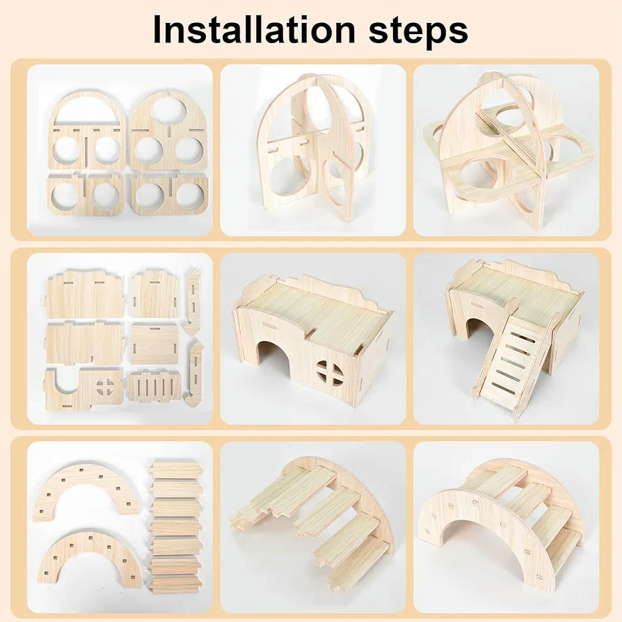 Juego de 5 Piezas para Hámster, Accesorios de Madera Natural, Columpio, Balancín y Casa, Juguetes para Jaula de Mascotas (marrón)