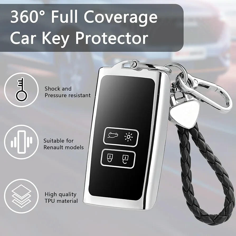 Funda de Llave para Coche Renault, Carcasa de Control Remoto con 4 Botones, Funda de TPU y Llavero de Cuero para Protección de Llave de Automóvil