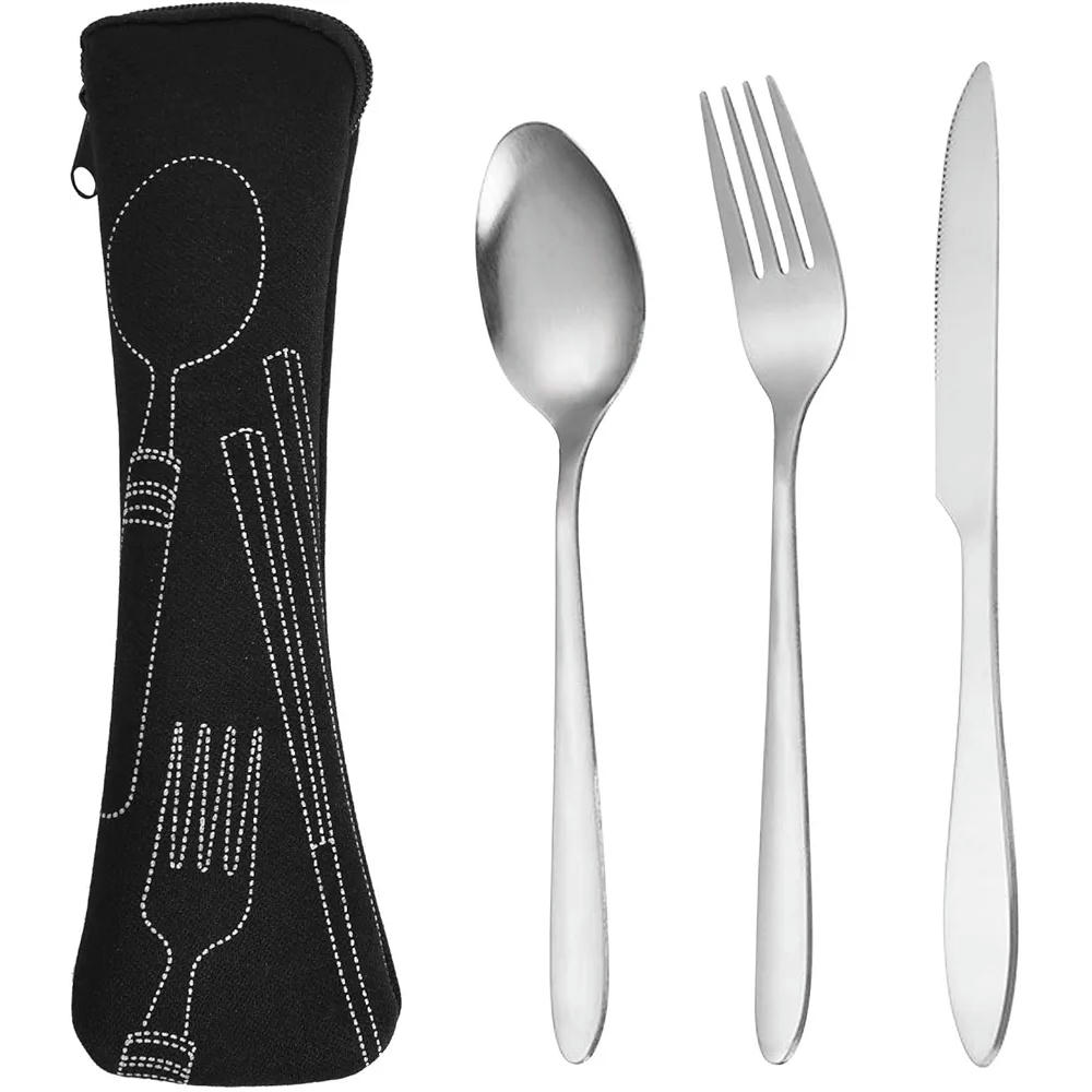 Juego de cubiertos portátiles de acero inoxidable, cuchillo, tenedor y cuchara, vajilla reutilizable, tamaño compacto, ideal para camping, oficina y viajes, color negro y plateado
