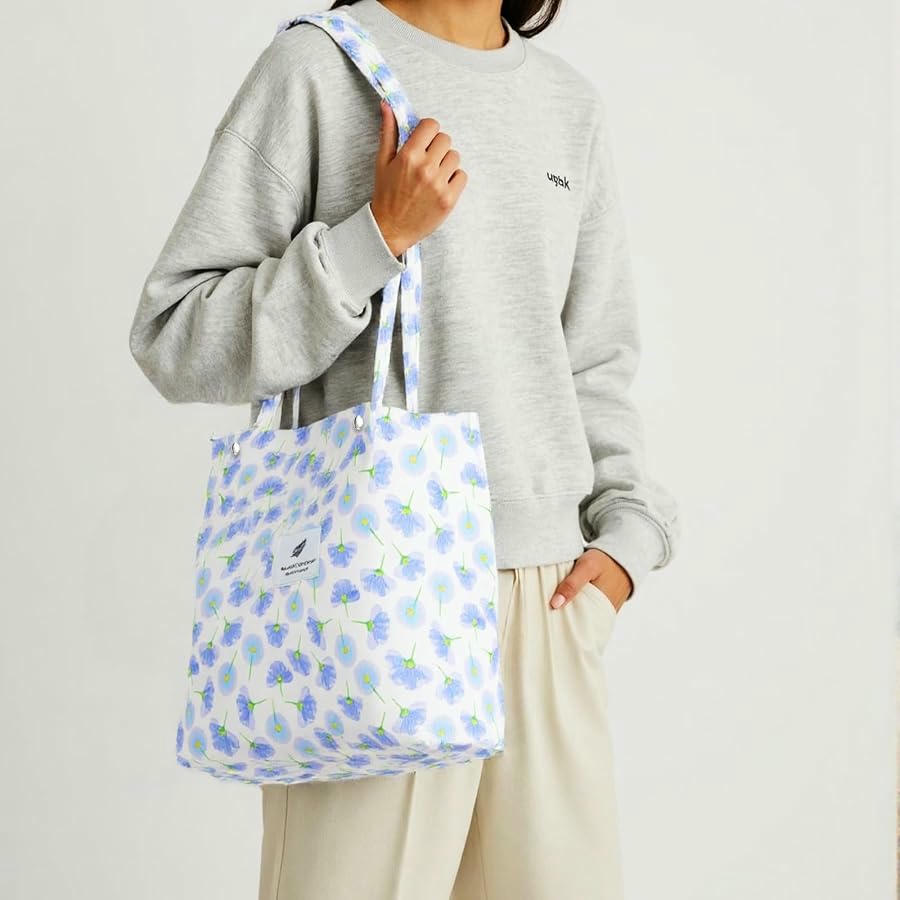 Bolso Tote Bag de Pana para Mujer, Casual y Elegante, Patrón Floral, Gran Capacidad, Ideal para Playa y Viajes (Rojo y Rosa)