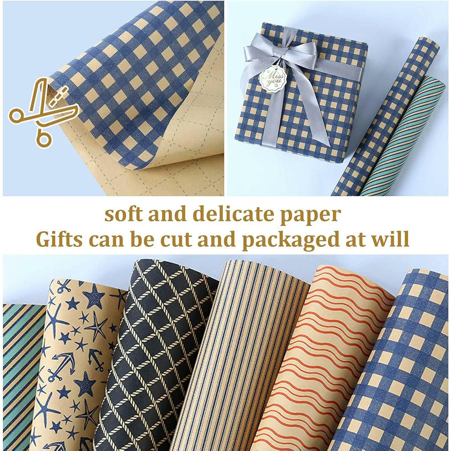 Papel de Regalo Kraft Reciclable con Cintas y Etiquetas, 6 Hojas 50x70cm, Ideal para Diversas Ocasiones (Multicolor)
