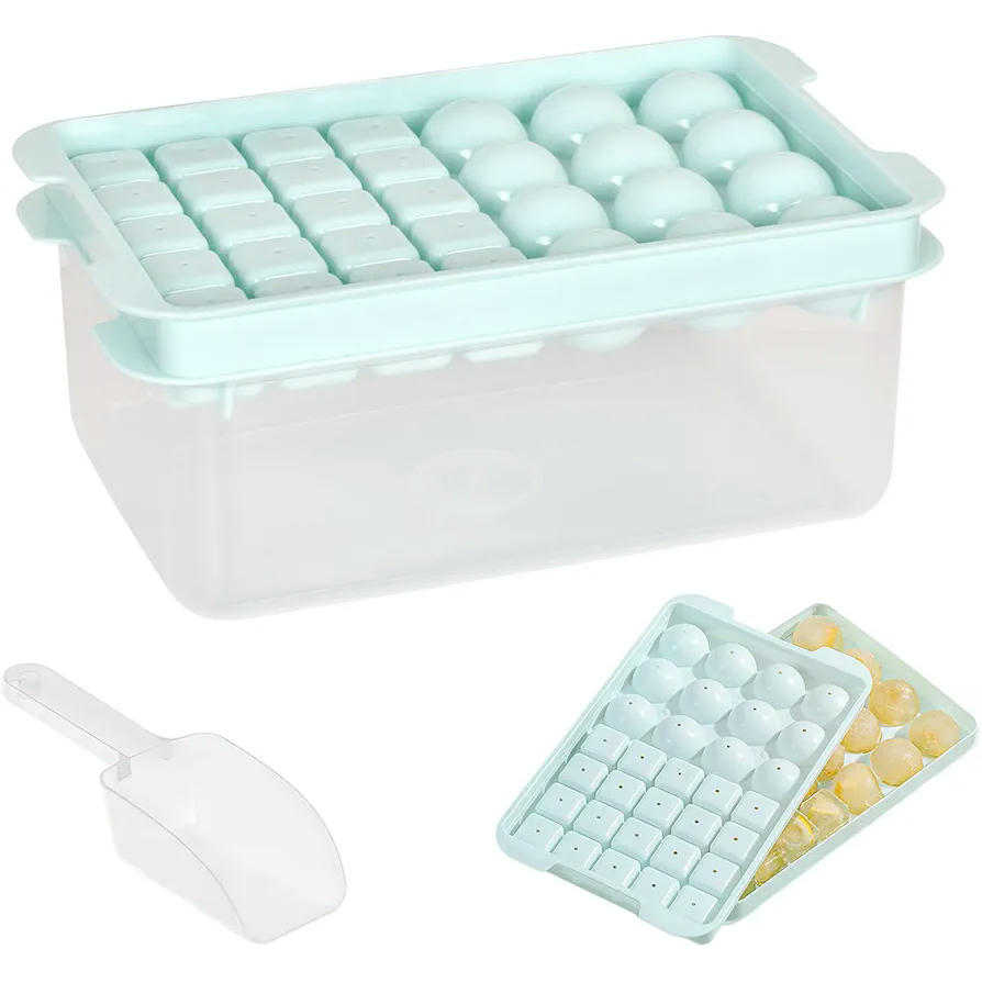 Bandeja para cubitos de hielo con tapa hermética, molde reutilizable para 32 cubitos, material alimentario, incluye pala y recipiente, ideal para bebidas y fiestas