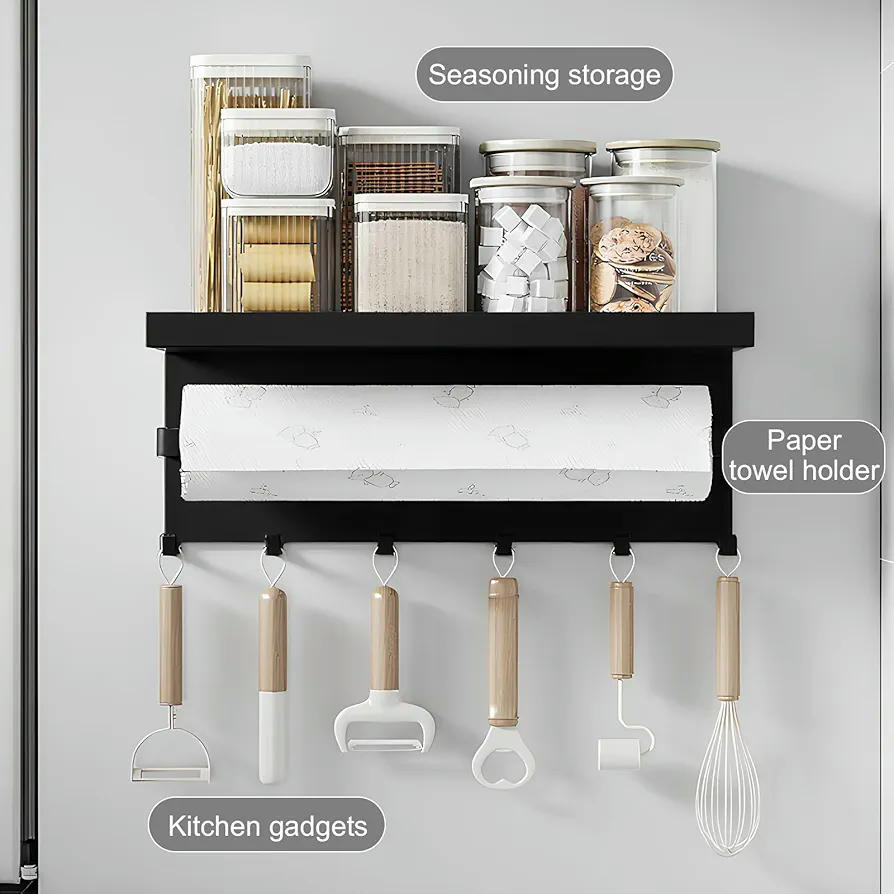 Estante Magnético para Especias - Organizador Multiusos de Cocina con Estantes y Ganchos, Sin Perforación (28 x 14,5 x 9,5 cm), Color Negro