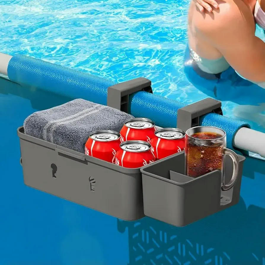 Bandeja de almacenamiento, accesorios portables para piscinas elevadas, con portavasos, color gris