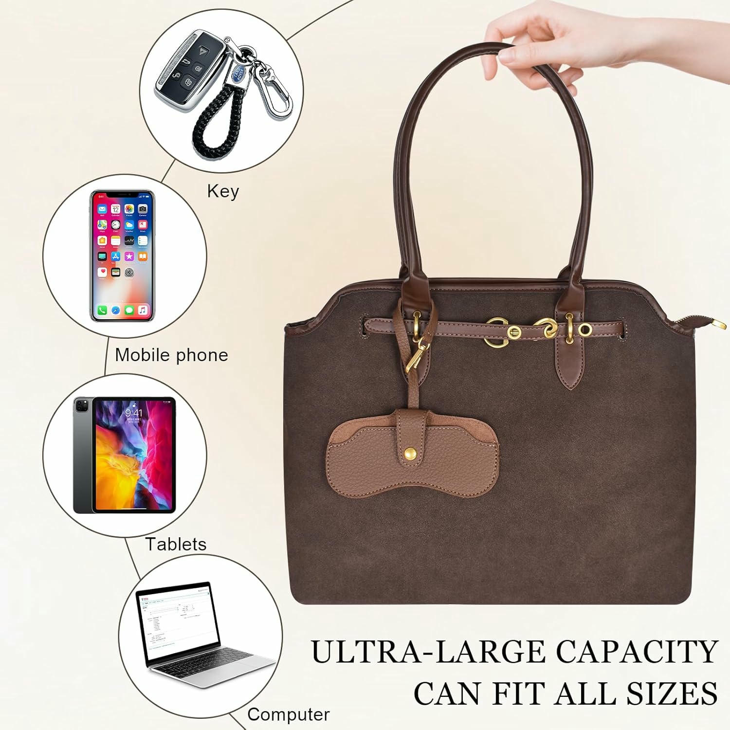 Bossa Tote Gran de Dona Brawn, Cuero PU, Bossa Bandolera Casual, Gran Capacitat amb Cremallera, Ideal per a Compres i Viatges de Treball, Escola, 40 x 30 x 14 cm, color marró