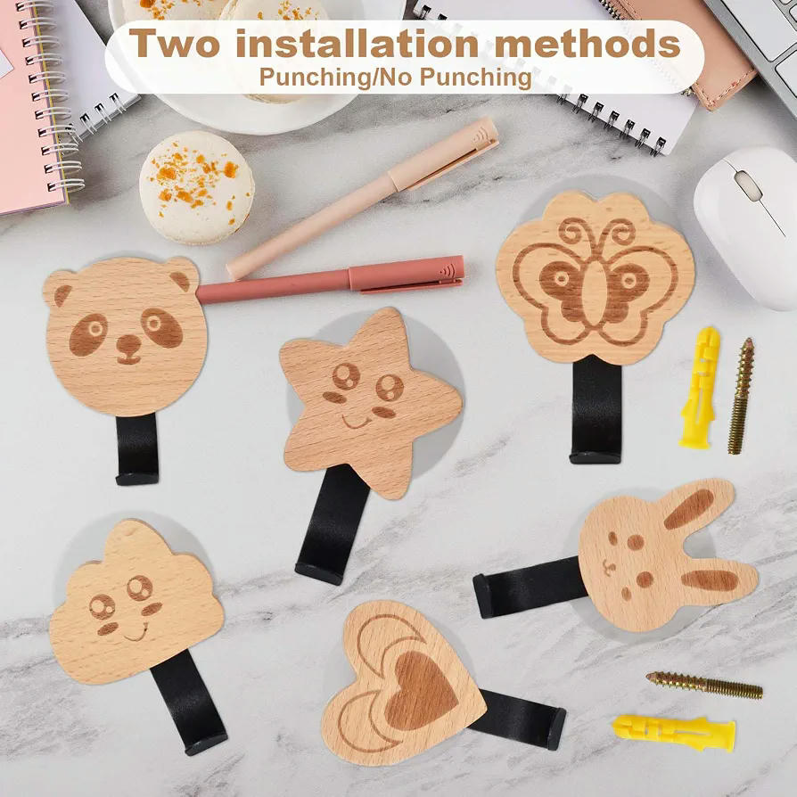 6 Piezas de Ganchos de Madera para Colgar Ropa Infantil con Diseños Adorables (Marrón)