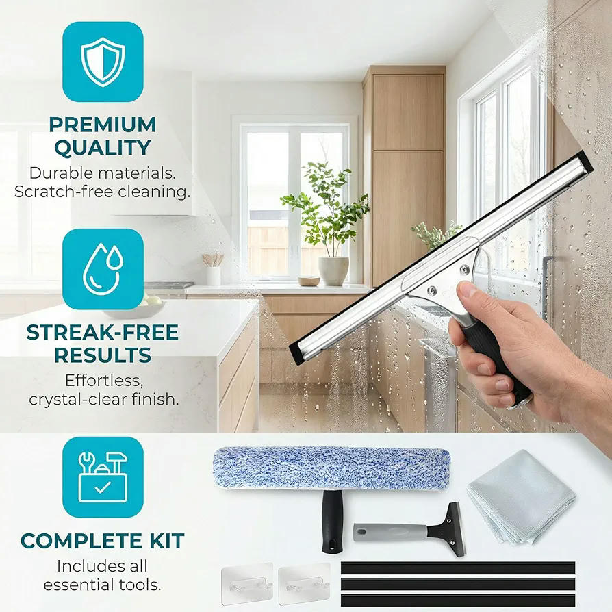 Kit de Limpiacristales Multifuncional con Escobilla de Silicona y Paños de Microfibra, Ergonómico y Extensible