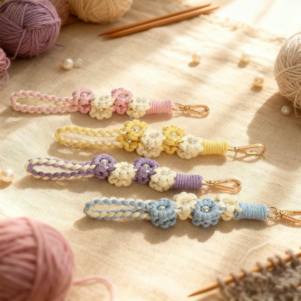 4 Piezas Llaveros Hechos a Mano Estilo Boho con Margaritas para Mujer