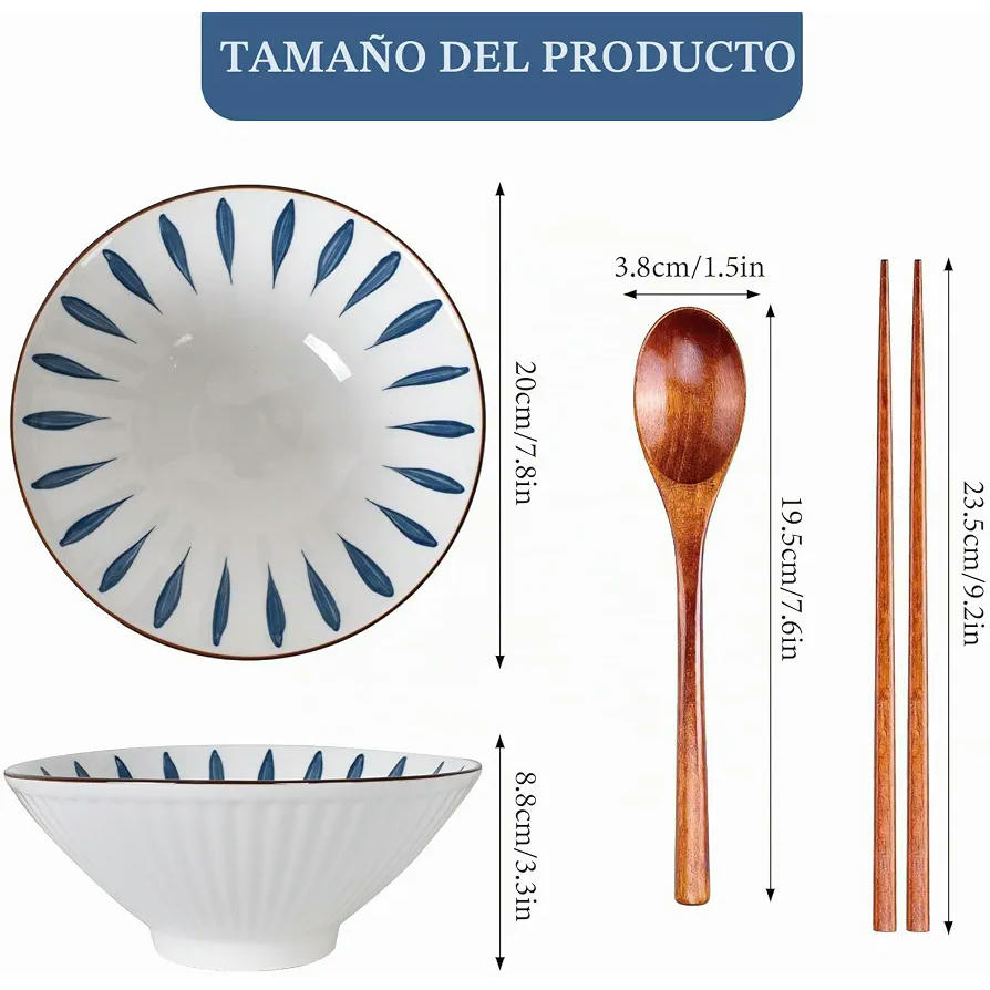 Set de 2 Tazones de Ramen de Cerámica de 1200ml con Palillos y Cuchara, Azul