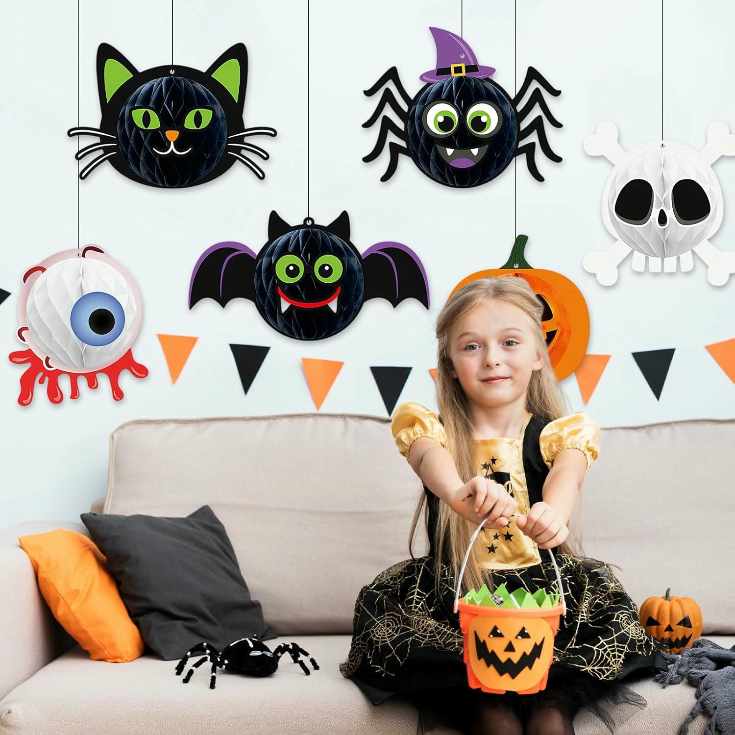 Adornos de Panal de Halloween, Decoraciones Colgantes de Papel, Set de 6 Piezas con Calabazas, Murciélagos y Arañas para Fiestas y Decoraciones