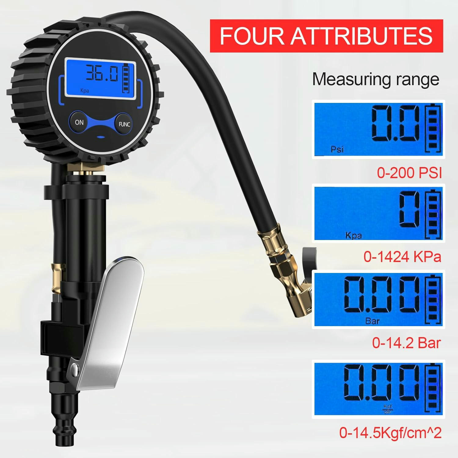 Gvolatee manometro presion neumaticos, manómetro presión neumáticos, inflador ruedas neumático con Manguera, Alta Precisión digital pressure gauge, 4 Unidades de Medida, para Bcicleta, Motocicleta