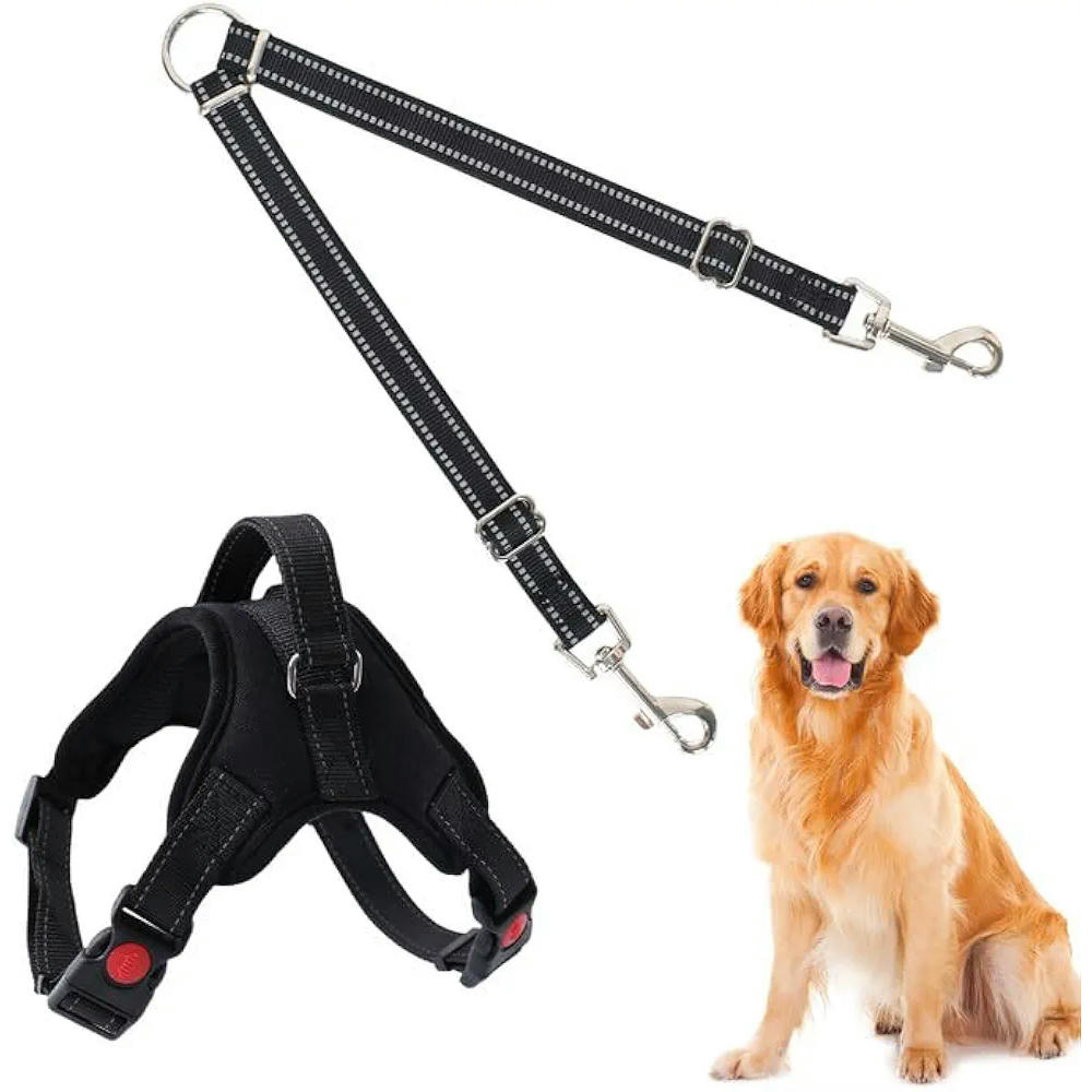 Correa Doble para Perros, Acoplador sin Enredo, Arnés Doble para Entrenamiento de Mascotas, Diámetro 2cm (Negro)