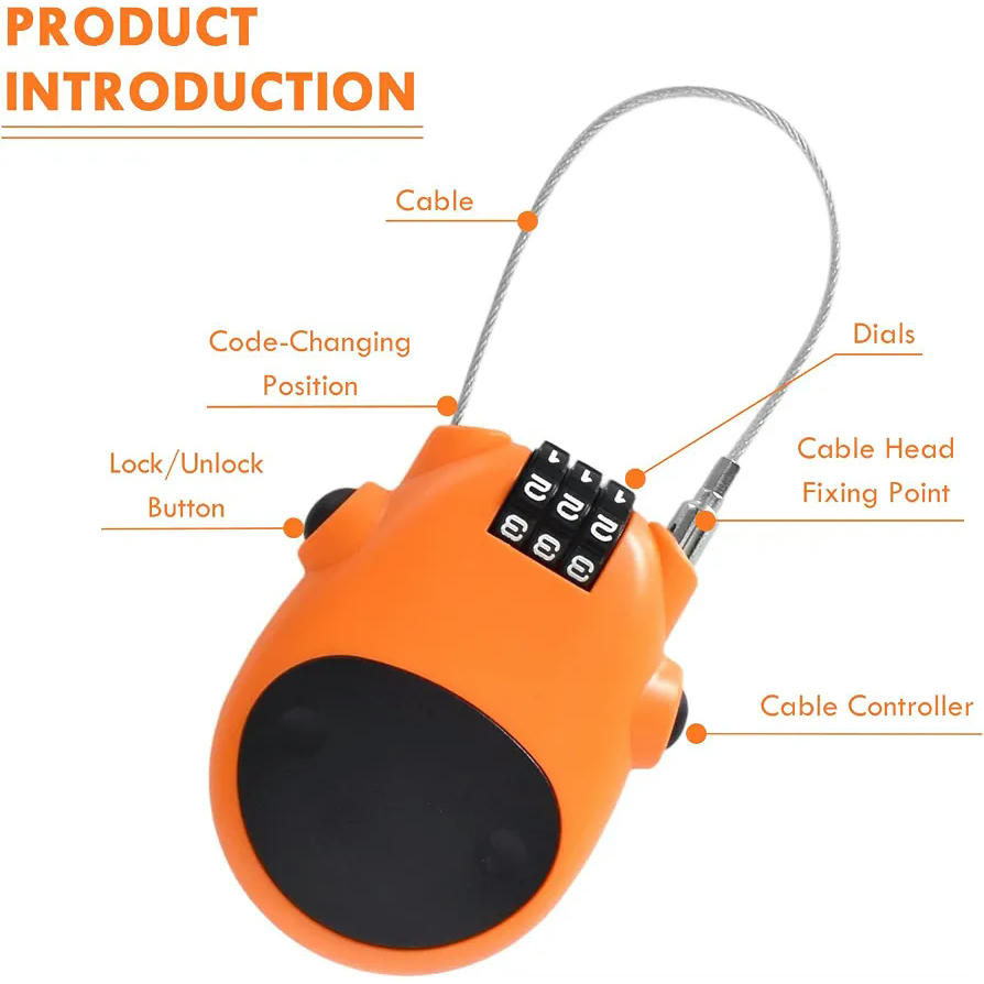 Candado de Combinación Largo Retráctil de Alambre de Acero para Bicicletas y Motocicletas (Naranja)