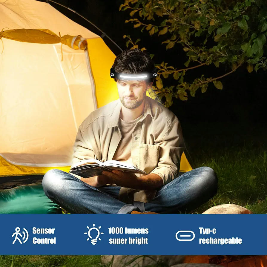 Linterna frontal LED recargable, 2 linternas superbrillantes con sensor de movimiento, 5 modos de iluminación, diadema impermeable, ideal para camping, correr, pesca y ciclismo
