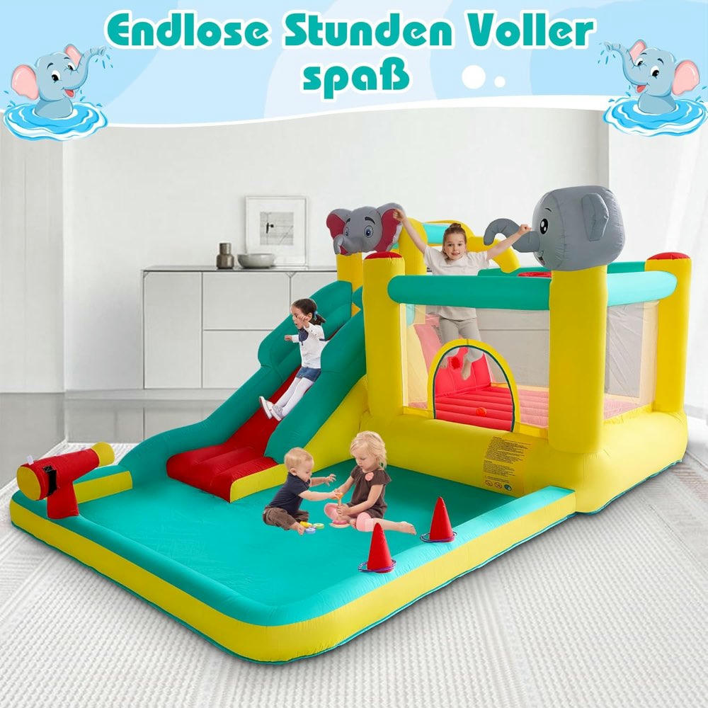 Castillo inflable con tobogán, área de salto, pit de pelotas y aro de baloncesto, diseño de elefantes, para uso en interiores y exteriores, 423 x 286 x 212 cm