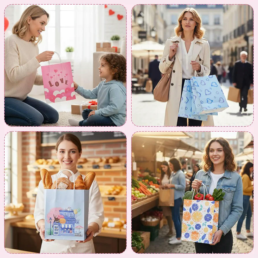 20 Piezas Bolsas de Regalo con Asas en 4 Patrones de Papel Kraft, 21x11x27 cm para Fiestas y Celebraciones (Multicolor)