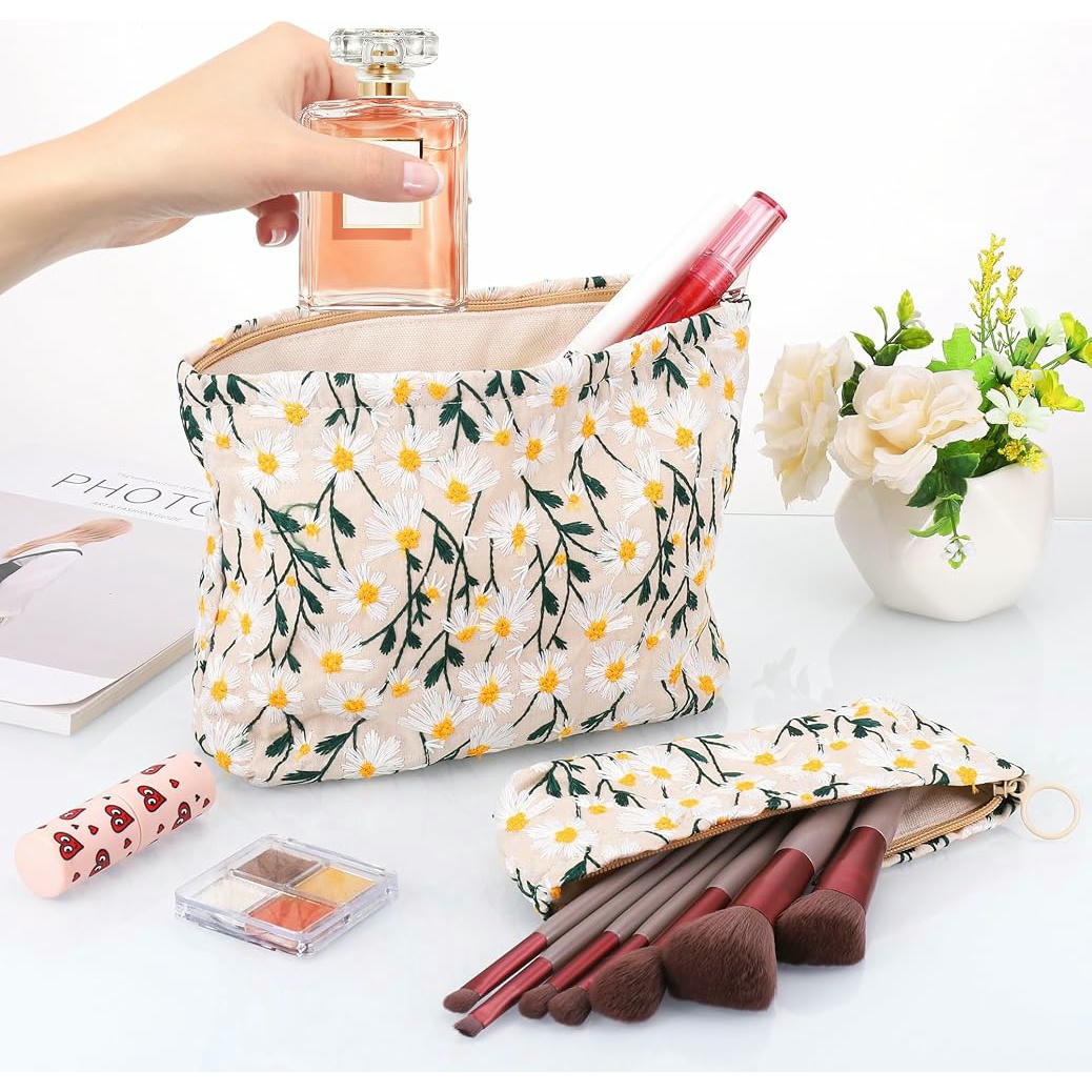 Neceser de Maquillaje Portátil - 2 Piezas, Organizador Multifuncional para Cosméticos (Color Beige con motivos florales)