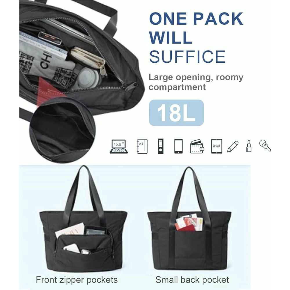 Bolso de mano negro para mujer con cremallera y capacidad para portátil, playa, excursiones (Negro)