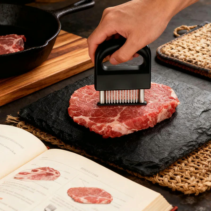 Juego Combinado de Ablandador de Carne y Aguja para Cebolla, 2 Piezas de Acero Inoxidable (Negro)