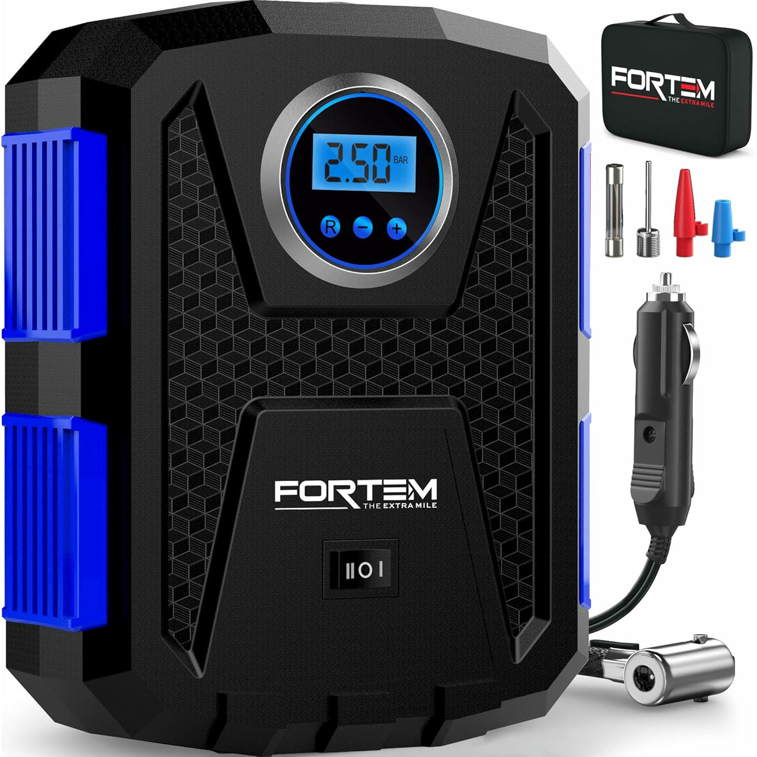 FORTEM Inflador de Ruedas de Coche, Compresor de Aire - Compresor de Aire Portátil para Ruedas de 12 V con Luz LED - Manómetro Digital, Autobombeo, Parada Automática - Bolsa de Transporte (Azul)