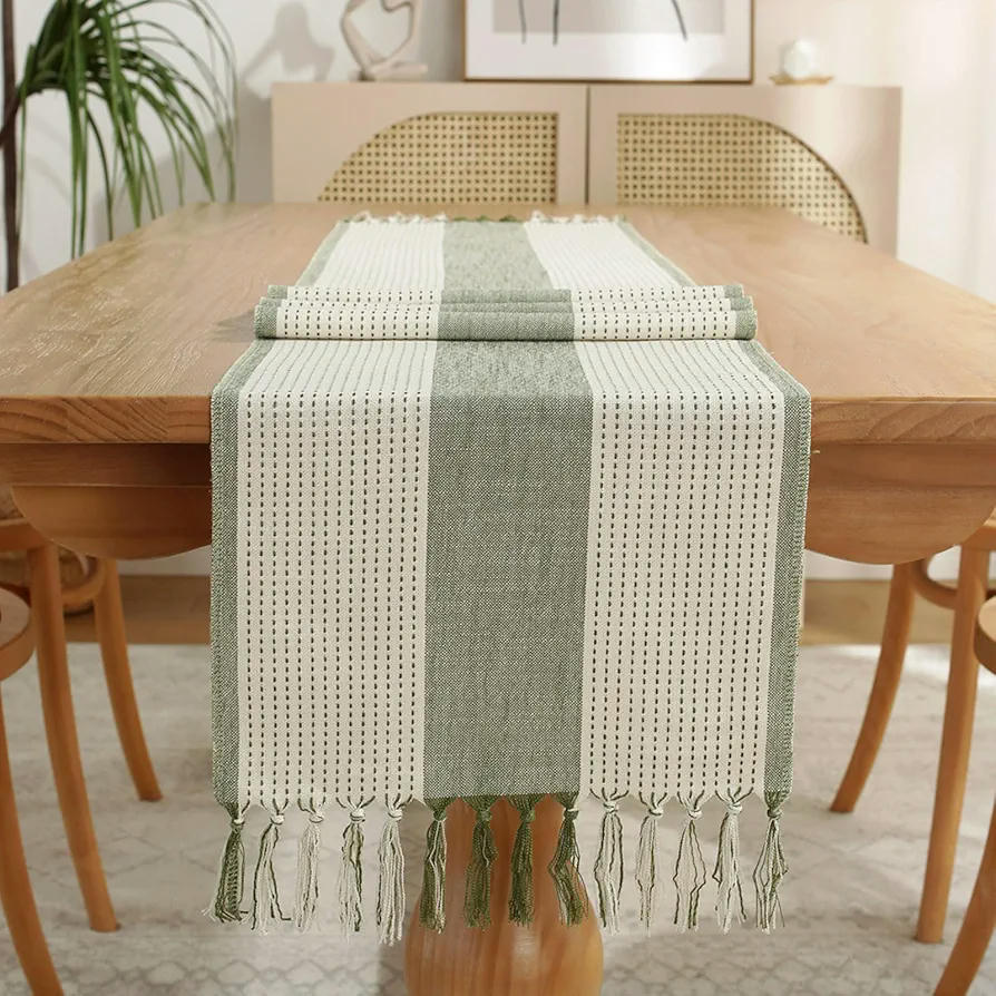 Caminet de Taula de Cotó Verd, Estil Bohemi i Rústic, Rentable, 183 cm, Amb Borles, Ideal per Decoració de Menjador i Festes