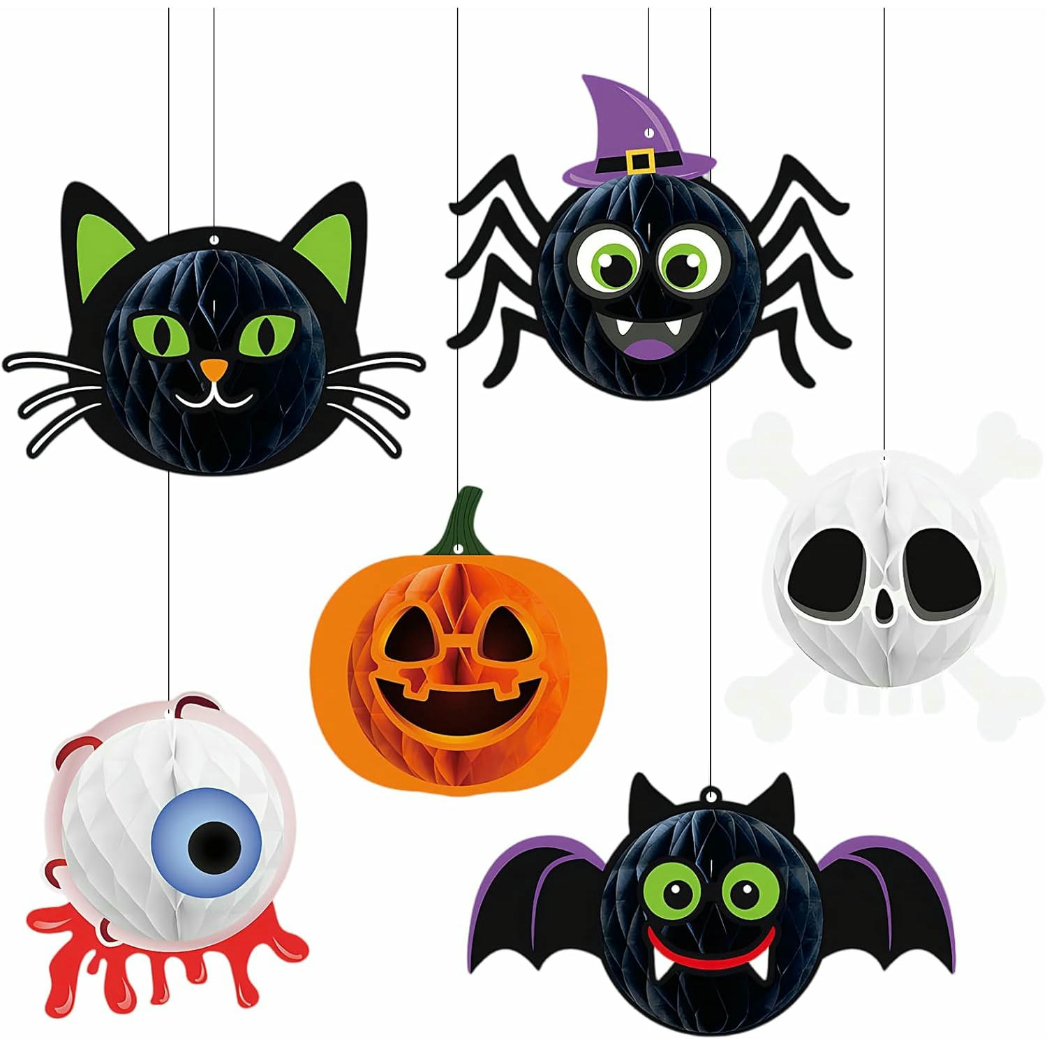 Adornos de Panal de Halloween, Decoraciones Colgantes de Papel, Set de 6 Piezas con Calabazas, Murciélagos y Arañas para Fiestas y Decoraciones
