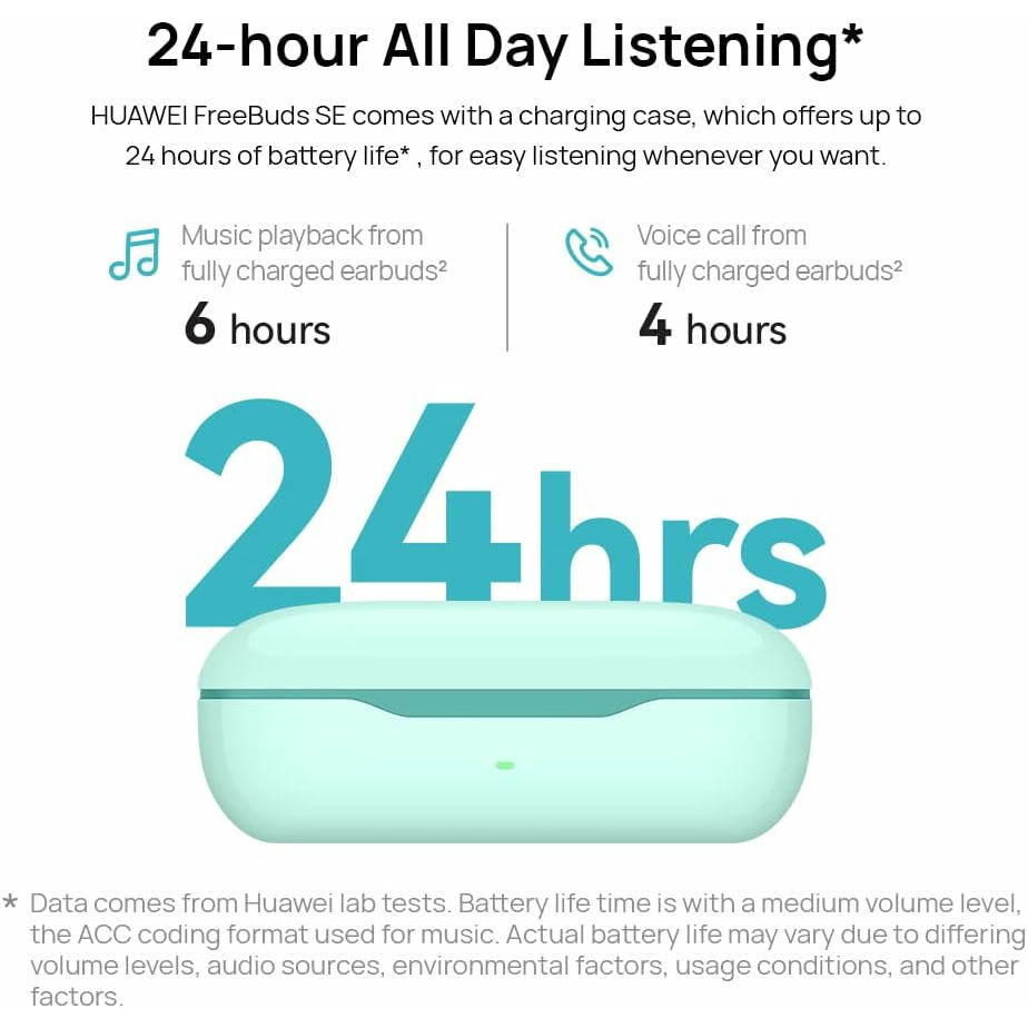 HUAWEI FreeBuds SE Semi-In-Ear Auriculares Bluetooth 5.2 inalámbricos, Cómodos de Llevar, Diseño Premium, Sonido, 24 Horas de batería, Cancelación de Ruido en Llamadas por 2 micrófonos, Cian