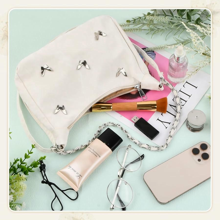 Bolso de Hombro para Mujer, Bandolera Plisada de Gran Capacidad con Lazo y Cadena (Blanco)