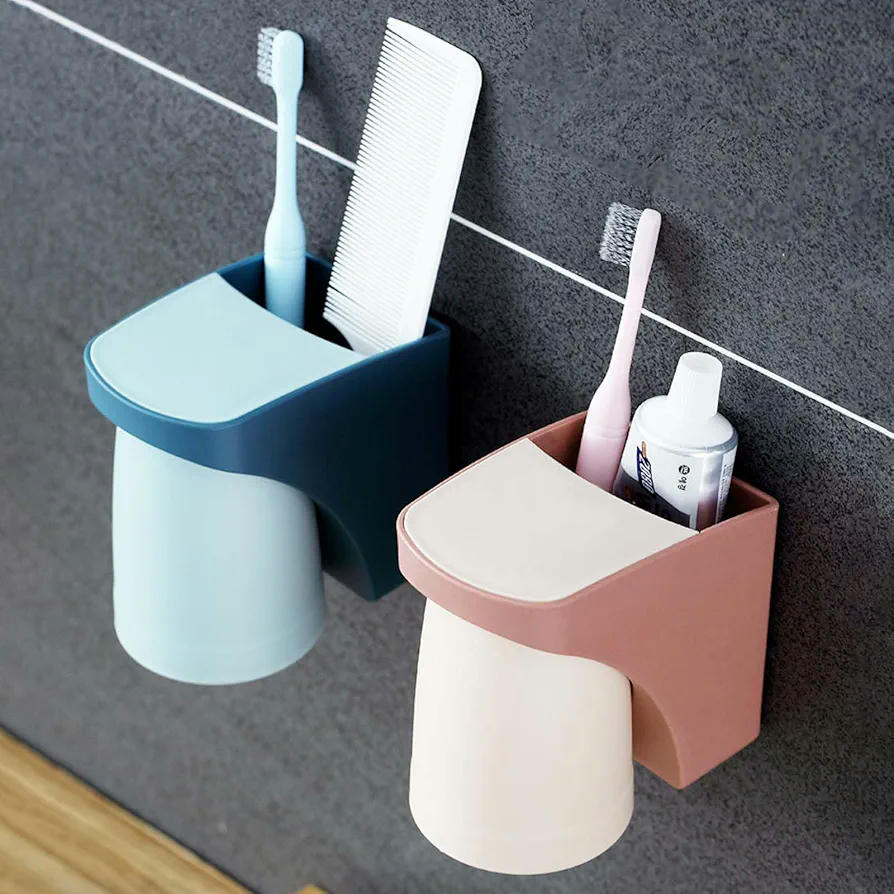 Soporte de Cepillo de Dientes Magnético con Tazas Invertidas - 2 Piezas en Rojo y Azul