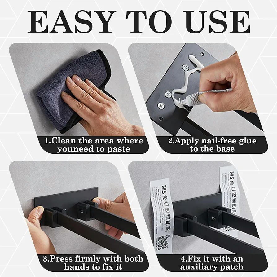 Toallero Adhesivo Doble de Acero Inoxidable 23 cm, Toallero Plegable y Giratorio 90°, Accesorios de Montaje para Baño y Cocina (Negro)