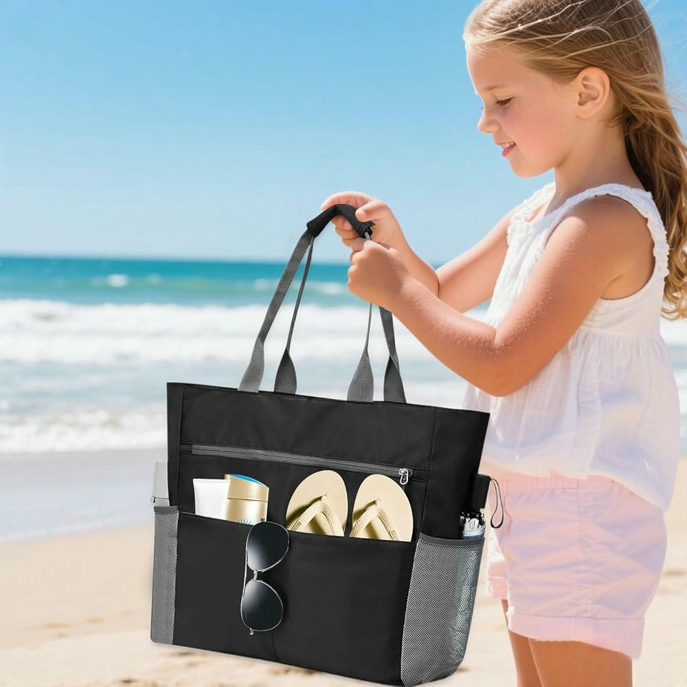 Bolsa de Playa Grande con Cremallera para Mujer, Shopper Multifuncional, Bolso de Lona con Asas para Playa, Piscina, Gimnasio y Viajes, Color Gris