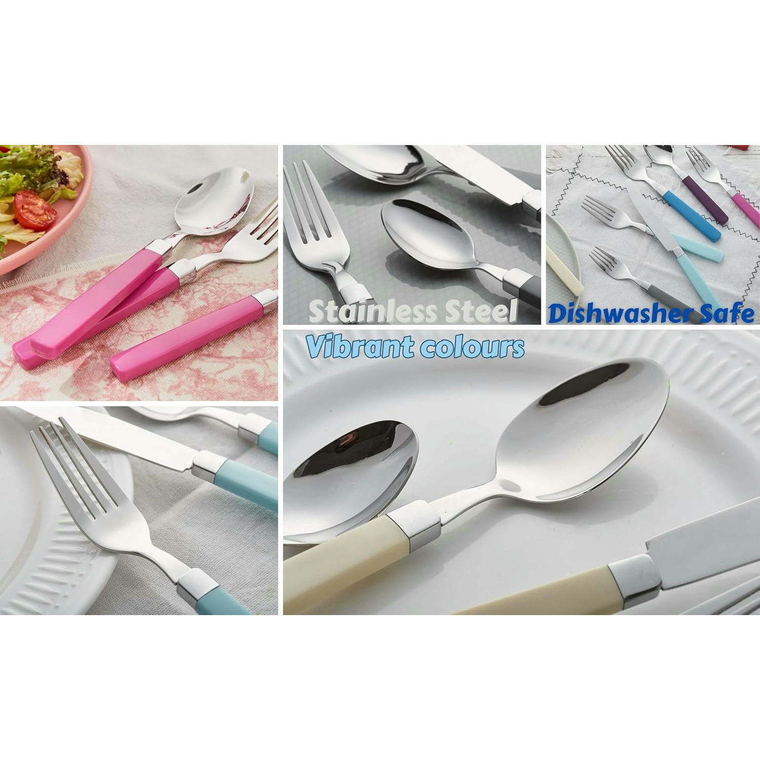 Cubertería de 16 Piezas - Acero Inoxidable con Mangos de Colores, Apta para Lavavajillas - Gris